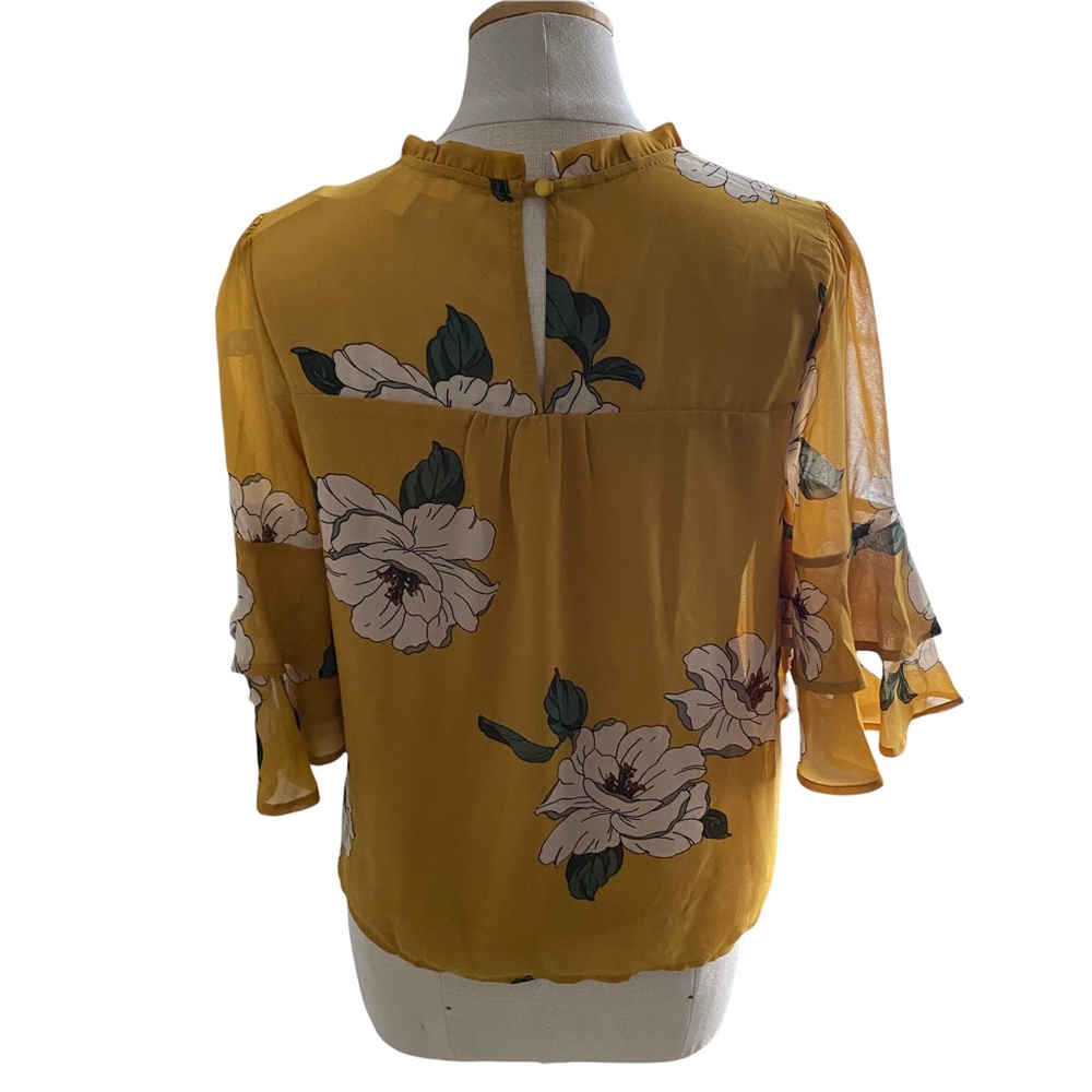 🌸 NWT Monteau Golden Yellow Floral Blouse Top with Tiered Ruffle Sleeves - Picture 5 of 6
